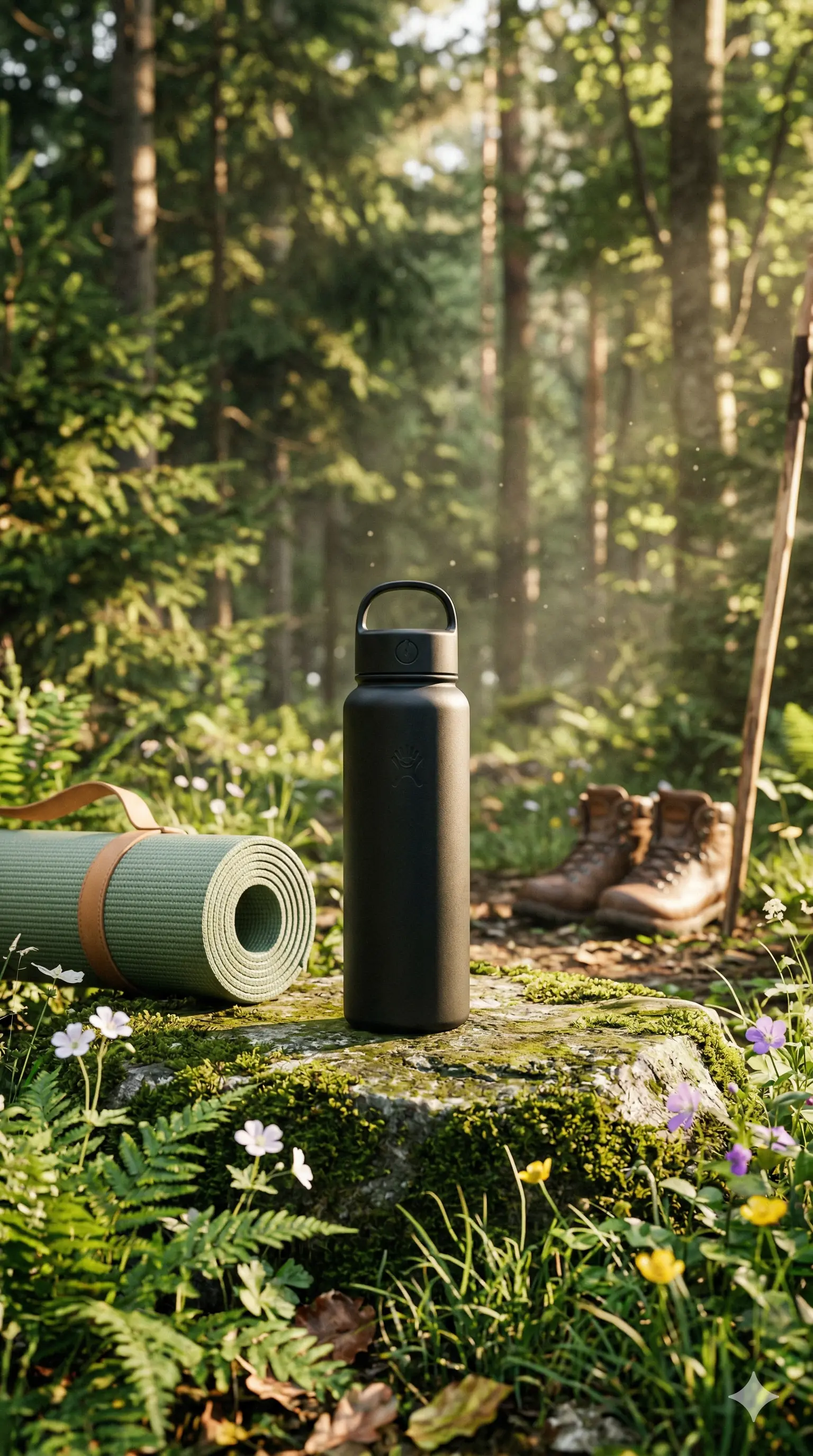 Gourde outdoor en forêt — mise en scène produit par IA