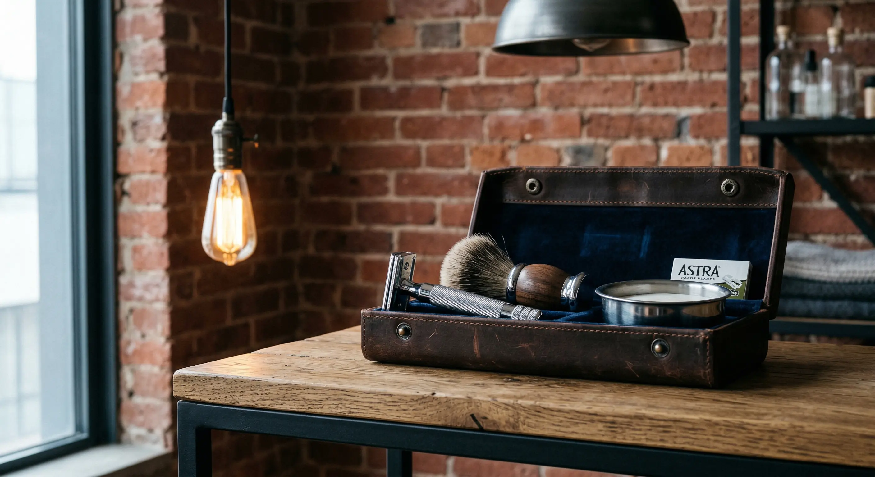 Kit de rasage dans un décor loft industriel — shooting photo IA lifestyle
