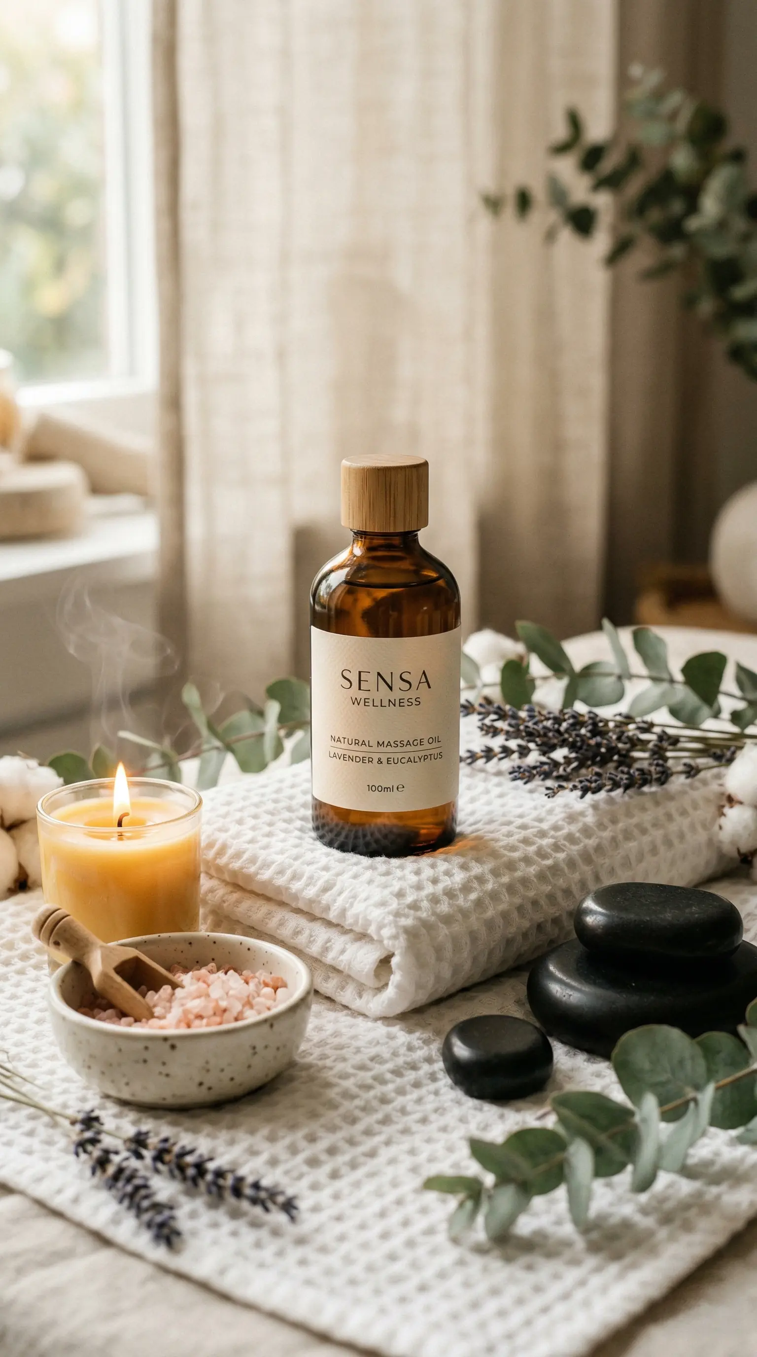 Huile de massage dans un décor spa — photo produit IA bien-être